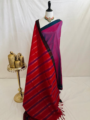 ShopNaya Exclusive | Handwoven | Cotton Saree | No Blouse | Red & Black | Dual Shade | Handloom Mark | Ships from California